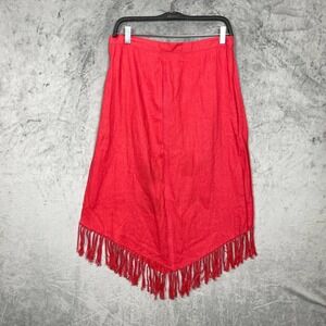 Vintage Y2K Western‎ Linen Midi Straight Fringe Asymmetrical Skirt Large Coral